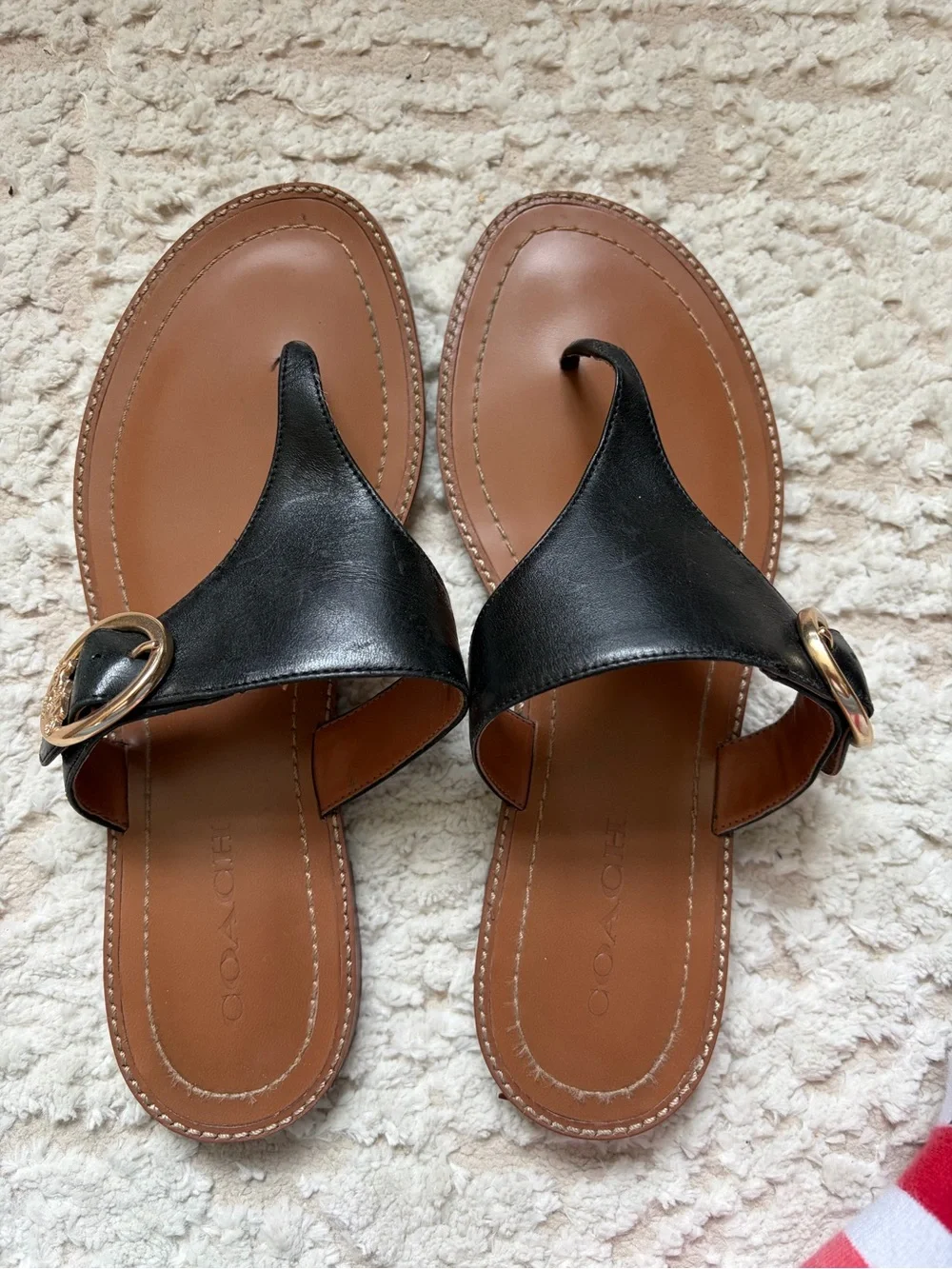 Coach Black Leather Slide Sandals with Gold Buckle Accent
